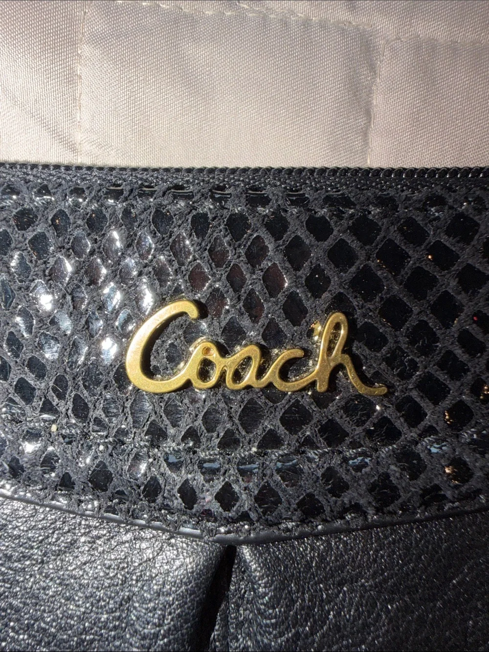 Coach Ashley Black Leather Wristlet Shoulder Bag with Gold-Tone Cursive Logo